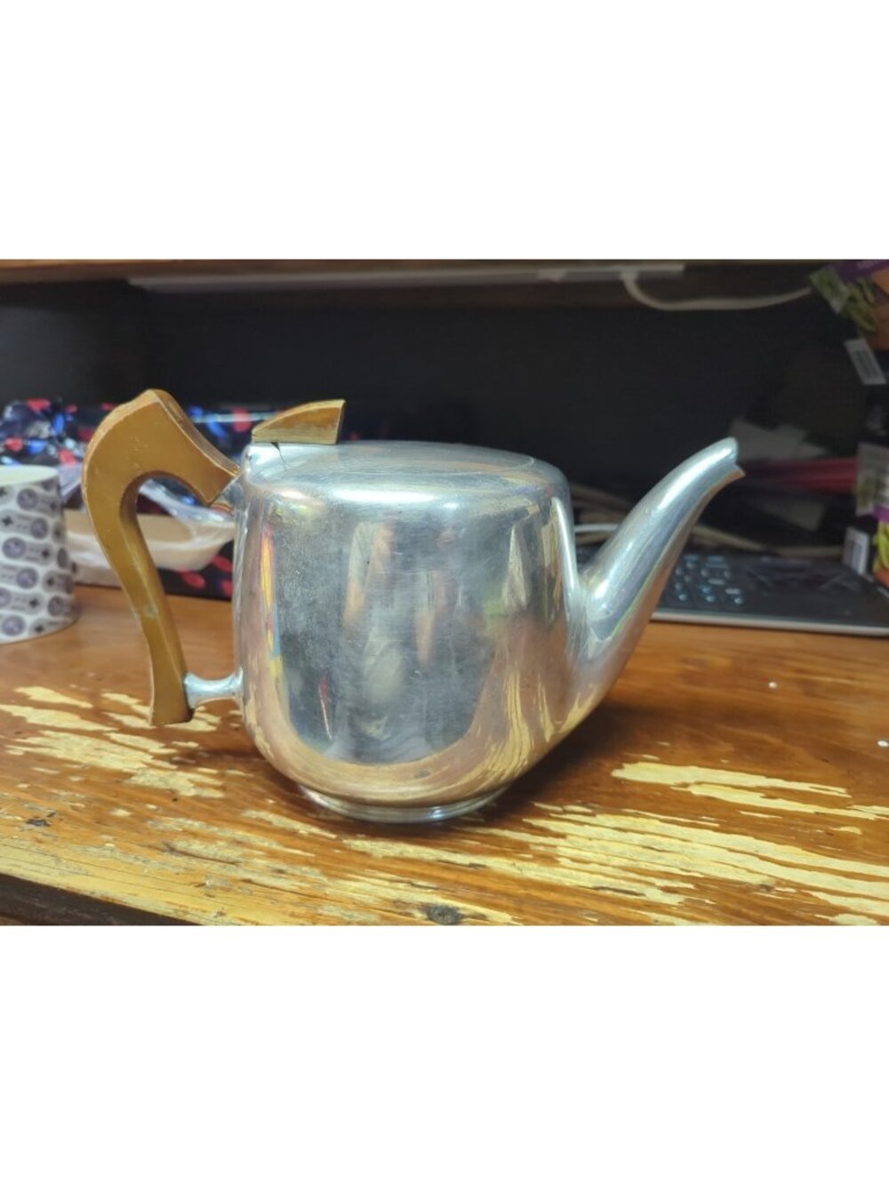 Vintage Mid Century Picquot Ware Metal Tea Pot Wooden Handles Retro Kitsch